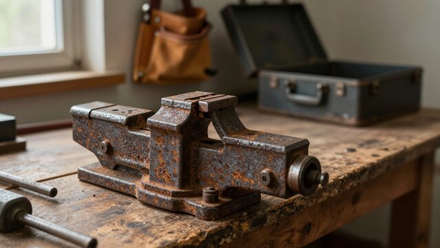 A weathered bench vise sits firmly on a worn wooden workbench, surrounded by tools and vintage equipment in a rustic workshop.