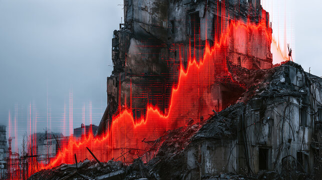 Red finance chart graph data over destroyed ruined building city crisis