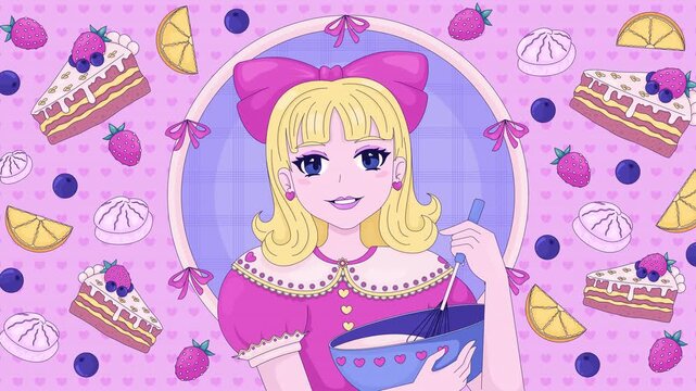Retro anime girl whisking batter for sweet desserts lofi aesthetic animation. Cute shojo pastry making with berries. Kawaii coquette bakery animated background 4K video. Flat cartoon live wallpaper