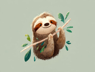 Fototapeta premium Adorable illustration of a smiling sloth hanging from a branch with green leaves, set against a light green background. The artwork captures the sloth's relaxed nature and charm.
