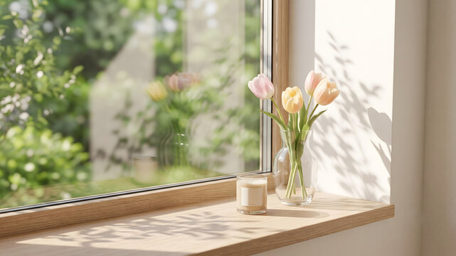 Sunlit window ledge with tulips and candle overlooking a green garden