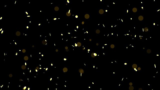 Golden round sequins and glitter discs falling with sparkles on black background loop