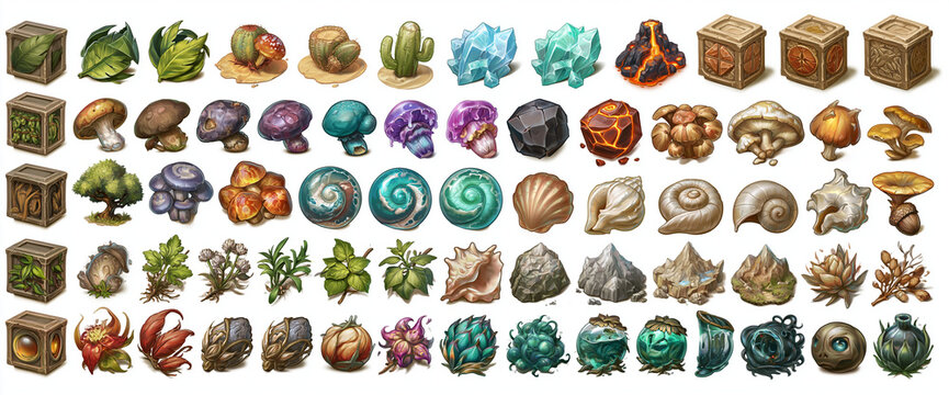 Colorful collection of RPG game assets featuring natural elements and materials.
