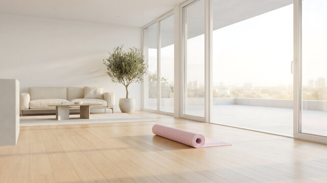 Bright living room with yoga mat beside large windows for home wellness