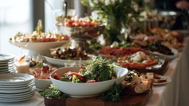 Luxury catering buffet table with fresh salads and delicious food dishes