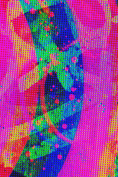 Abstract CMYK halftone dot pattern with a curved blue shape and dense pink ink texture on a multi-color background. Lives in EDM and nightclub fashion design.