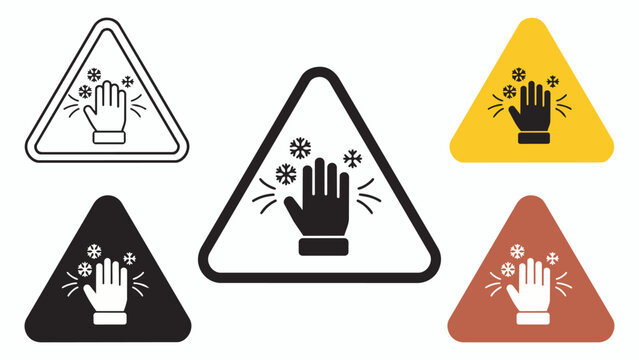 Set of triangular warning signs depicting a hand icon indicating extreme cold or freezing hazard conditions with triangle freezing frostbite