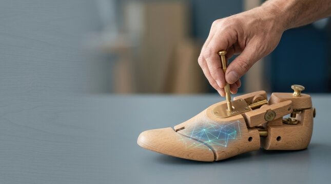 Individual holding a wooden shoe to visualize workforce reskilling and the adaptation of existing capabilities for new roles