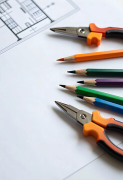 Architecture and construction planning, engineering design process with blueprints, colored pencils and pliers on a desk for project development