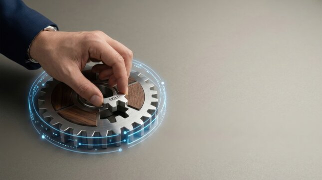 Person's hand turning a button on a circular device to illustrate workforce skill and capability representation