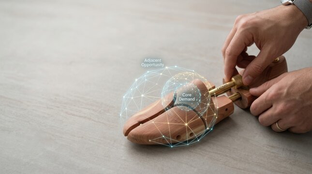 Visualizing market expansion through the careful adjustment of a wooden object to fit larger adjacent markets