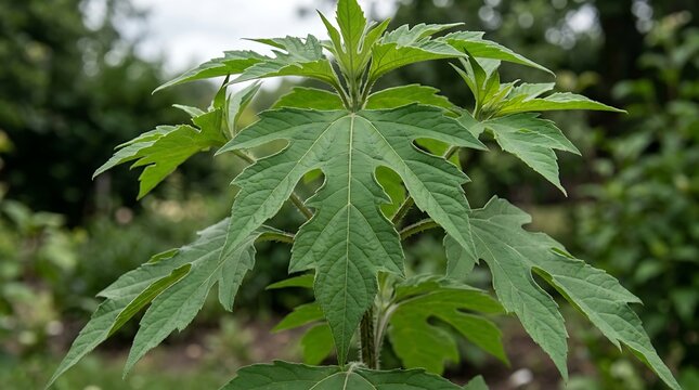 A close-up shot of the giant ragweed plant known as ambrosia trifida showing its characteristic lobed green leaves