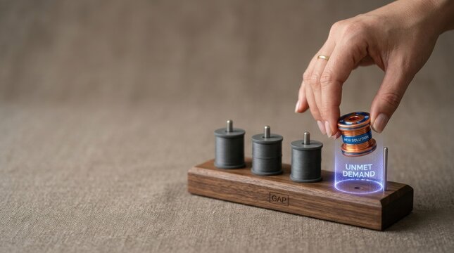 Market opportunity visualized as one obvious unmet position inside an established market by placing a spool on a holder