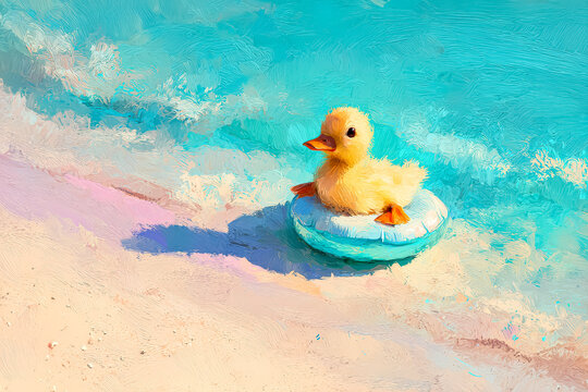 Illustration of a cute duckling sitting on an inflatable ring by the beach, with turquoise waves and sandy shore, suggesting a playful summer theme. Created in a textured, painterly style.