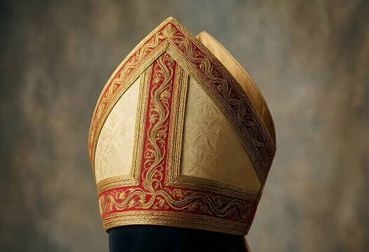 Catholic bishop mitre, religious authority and ecclesiastical tradition, ornate gold and red liturgical vestment for church ceremony and clergy apparel