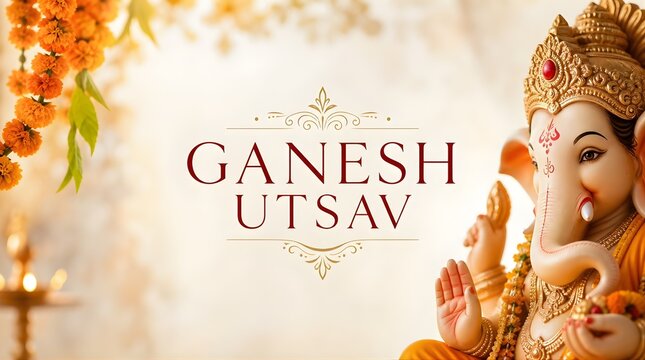 Ganesh Utsav Celebration with Lord Ganesha, Marigold Flowers, and Diya