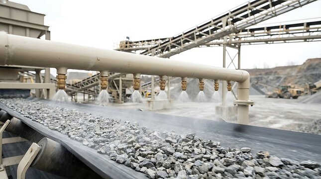 Industrial conveyor belt transporting crushed grey stones with water spray nozzles cleaning the rocks at a stone quarry mining facility