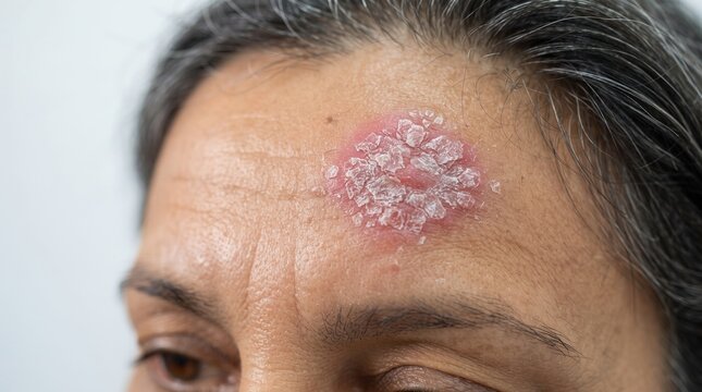 Extreme close up of an older woman's forehead displaying a circular red scaly lesion, characteristic of ringworm or localized psoriasis.