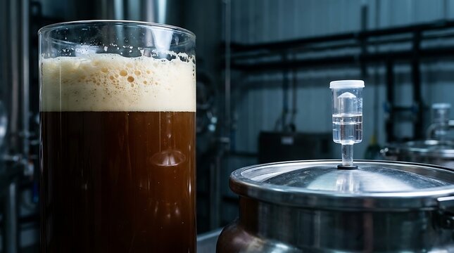 Glass container filled with dark brown liquid and foam next to a stainless steel brewing tank with an airlock in a craft beer production facility