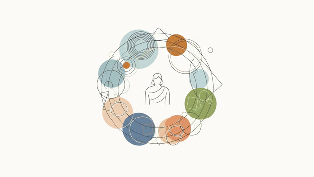 Minimalist spiritual illustration of a human figure within a geometric circle representing mindfulness, balance, and positive people emotion