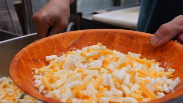 Commercial kitchen preparation process featuring fresh seafood platters arranged with raw scallops and large shells, generously topped with shredded cheese and drizzled with savory red sauce before se