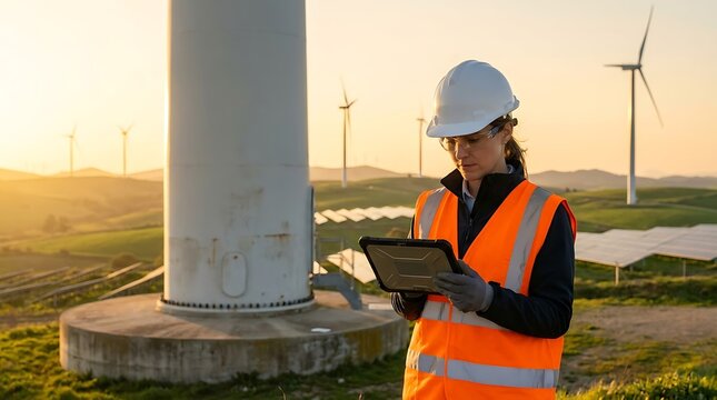 Engineer wearing a white hard hat and orange safety vest holding a tablet computer in front of a wind turbine at a solar energy farm