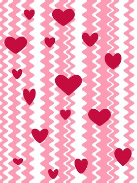 Red heart seamless pattern on pink and white wavy chevron lines background for Valentine Day