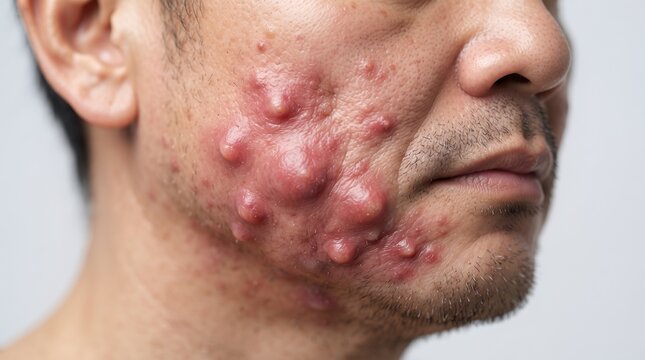 Close up of severe cystic acne and painful inflamed nodules on a man's cheek