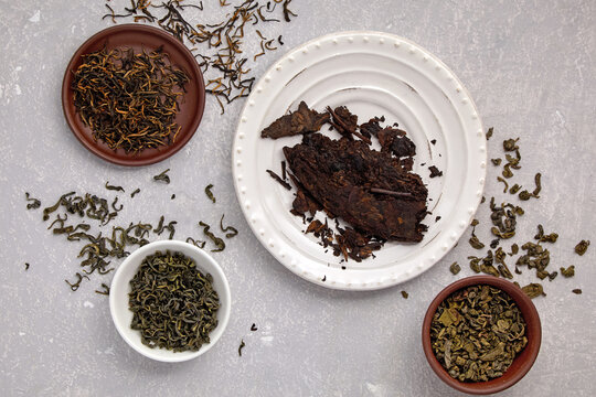 Flat Lay Assorted Loose Leaf Teas with Pu-erh Brick