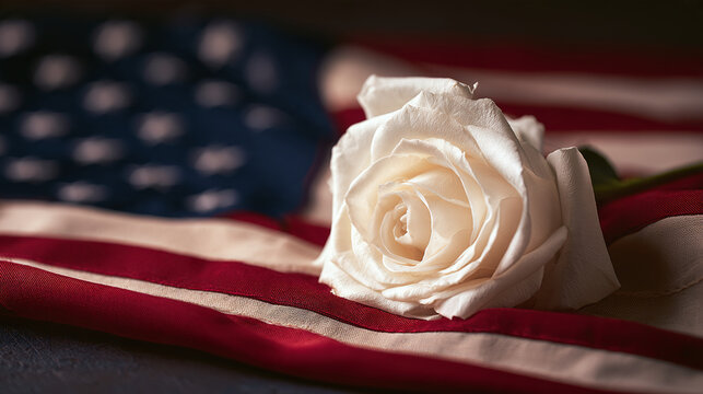 White rose flower Rosa rubiginosa placed on national flag for respect