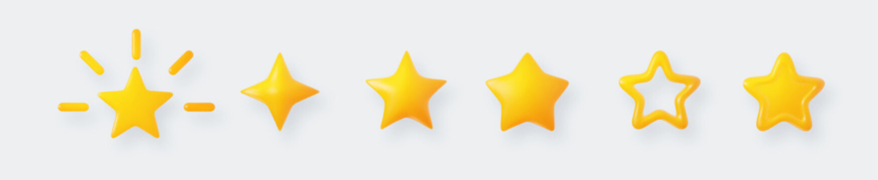 3d cute yellow star icon set on light background. Cartoon rating element with glossy rounded shape.