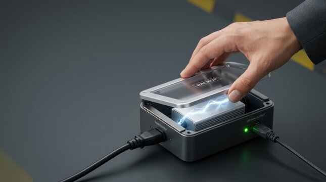 Hand activating a small device to demonstrate emergency backup power activation in critical situations and power outages