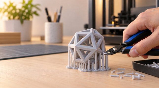 Mano retirando soportes de pieza impresa en 3D