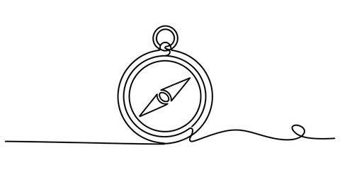Antique compass in simple line art for travel, exploration, and navigation themes. © Ponchomy