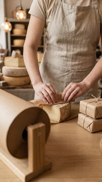 Artisan in a linen apron wrapping a block of cheese in brown paper at a rustic shop with shelves of various cheese wheels in the background