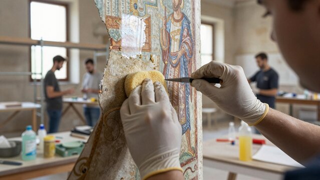 A skilled conservator uses a sponge and precision tool to gently restore damaged sections of an intricate historical fresco in a well-lit restoration workshop.