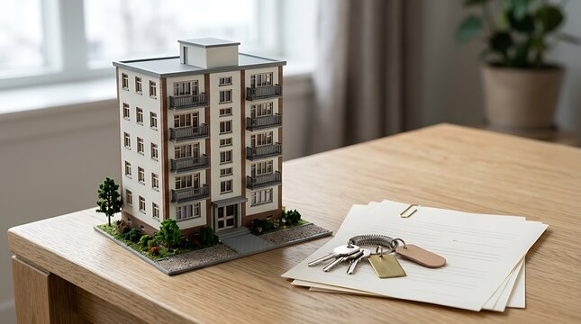 Apartment Building Model Photo with Keys and Property Documents on a Wooden Table