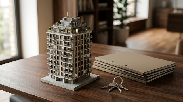 Apartment Building Model Photograph with Keys on Wooden Desk