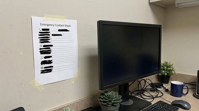 Emergency Contact Sheet Taped beside a Denial Monitor Concept