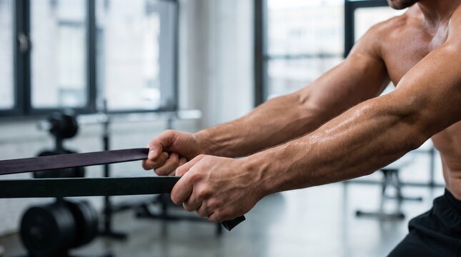 Close up photo of muscular male forearms stretching black resistance band, sweat glistened skin, strength training concept.