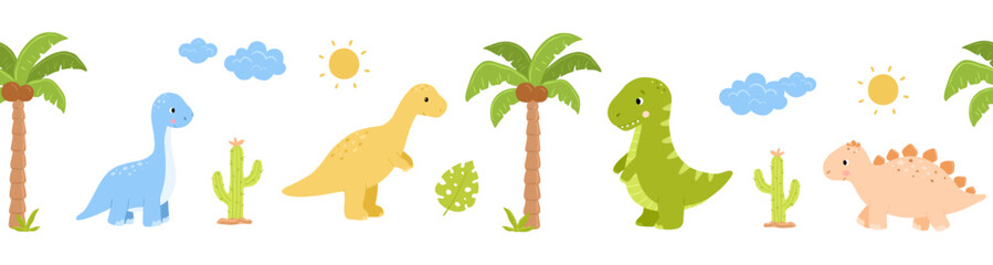 Childish seamless border with cute dinosaurs. Repeating nursery background for kids. Backdrop with brontosaurus and tyrannosaurus, cactus and palm tree © Elena