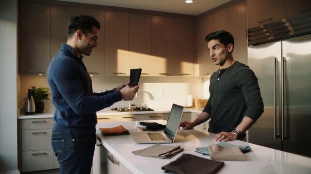 Reaching left man in navy sweater holding phone toward friend at kitchen island, reviewing swatches