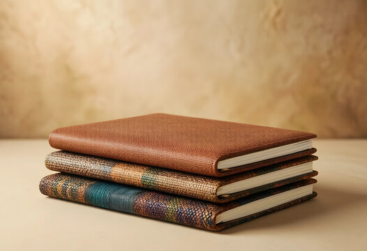 Education and personal development stack of textured leather journals for creative writing planning and professional organization on a neutral background