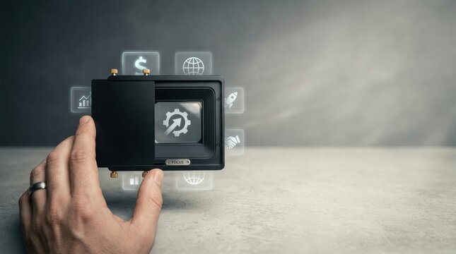 Hand holding black camera in visual representation of strategic focus on important objective while excluding distractions