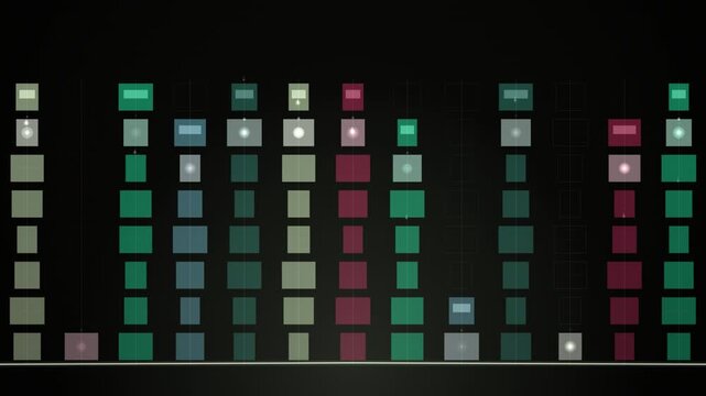 An abstract digital display features columns of illuminated green, teal, and maroon blocks rising from a dark base.