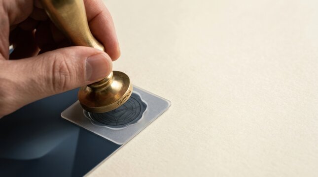 Visual of ai content authentication with a person using a stamper to attach a verifiable origin marker to generated content