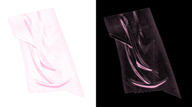 Pink plastic wrap texture set, wrinkled cellophane overlay on white and black background, transparent cling film material for graphic design