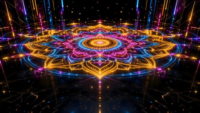 Futuristic 3D render of glowing neon holographic flower rangoli mandala on dark reflective floor