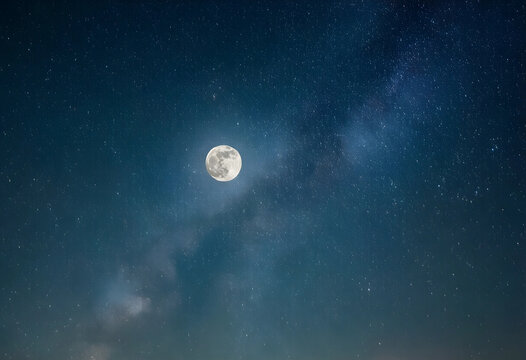 Astronomy and space exploration, full moon shining in the night sky with milky way galaxy stars and deep cosmos background for science and nature themes
