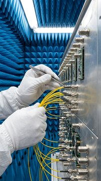 A technician wearing white gloves uses metal tweezers to handle thin yellow fiber optic cables connected to a silver patch panel in a lab